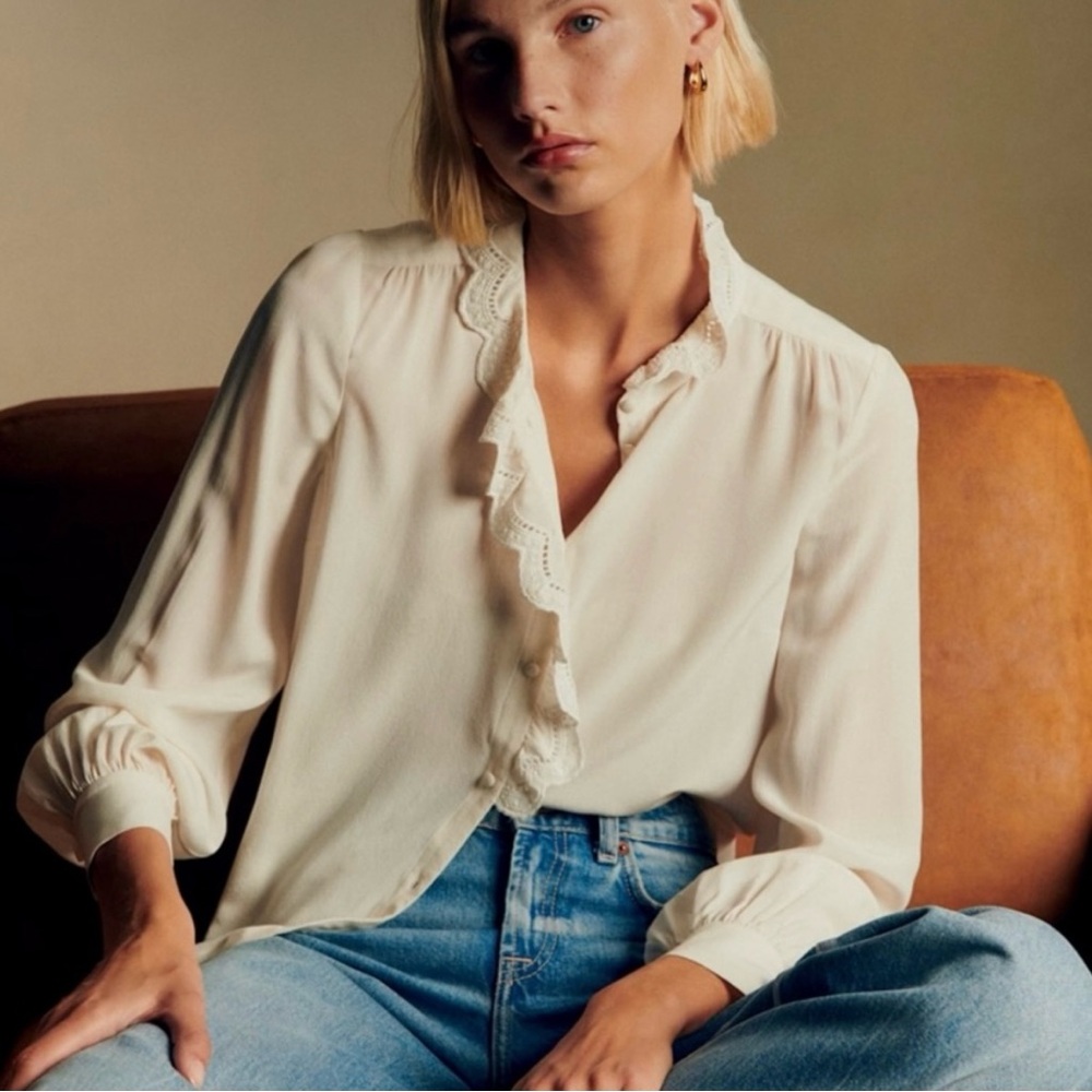 Sézane Chlo Ecru Silk Lace Trim Ruffle Collar Long Sleeve Blouse Size 42 - Picture 7 of 8
